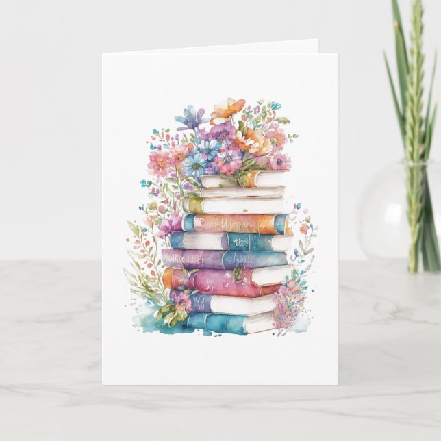 Watercolor Flowers and Books Birthday Card (Front)