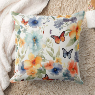 Watercolor Flowers and Butterflies Botanical Print Cushion