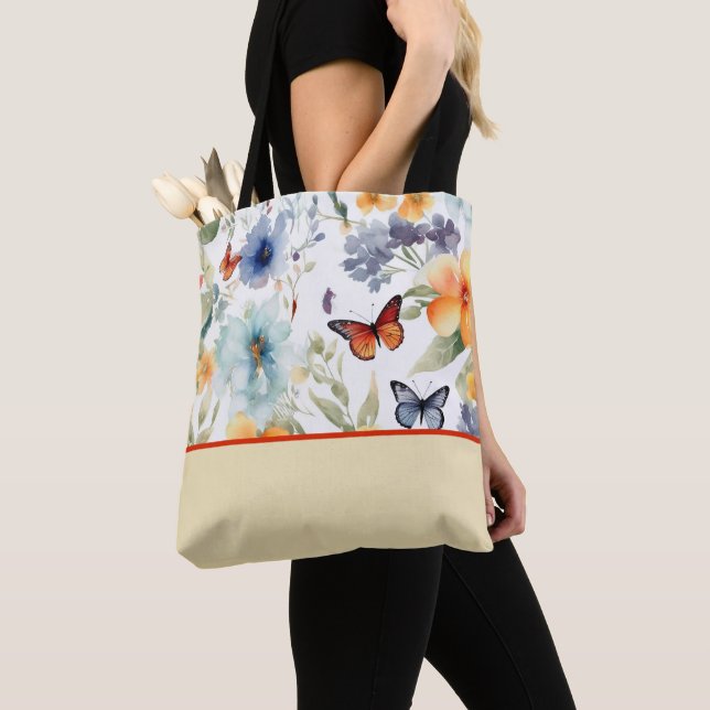 Watercolor Flowers and Butterflies, Colour Block Tote Bag (Close Up)
