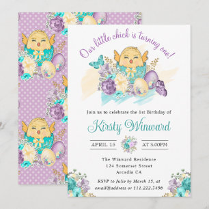 Watercolor Flowers and Cute Chick 1st Birthday Invitation