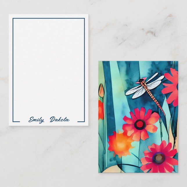 Watercolor flowers and dragonfly customisable card (Front/Back)