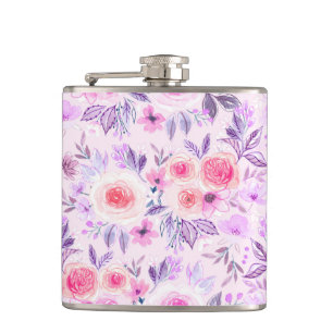 Watercolor flowers and leaves 3 hip flask