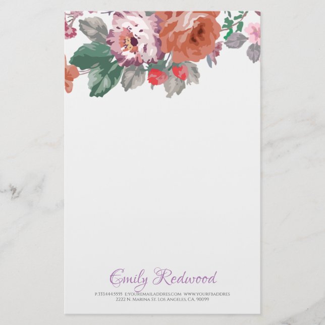Watercolor Flowers And Leaves Stationery (Front)