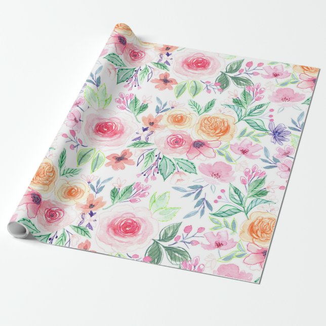 Watercolor flowers and leaves wrapping paper (Unrolled)