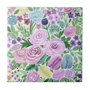 Watercolor, flowers and macaroons ceramic tile