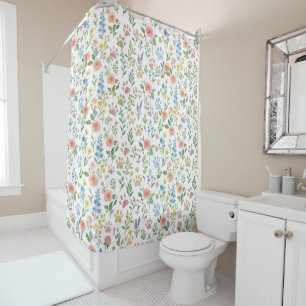 Watercolor Flowers and Paw Prints Pattern Shower Curtain