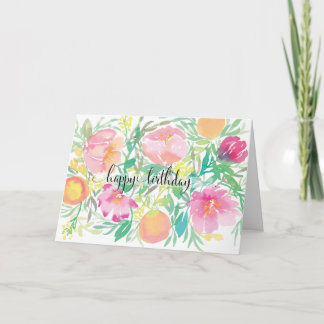 Watercolor flowers and Peaches Happy Birthday Card