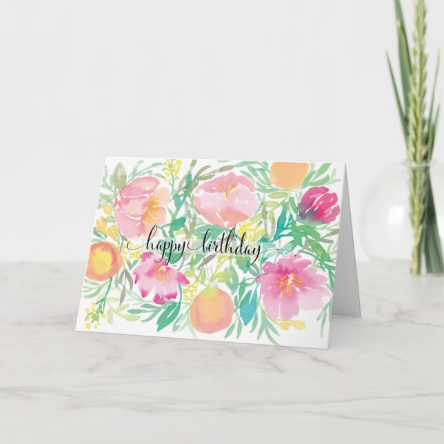 Watercolor flowers and Peaches Happy Birthday Card (Front)