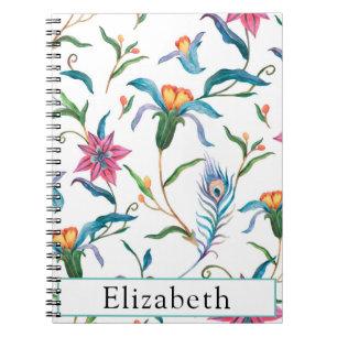 Watercolor Flowers and Peacock Feathers Monogram  Notebook
