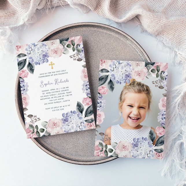Watercolor Flowers and Photo First Holy Communion Invitation (Creator Uploaded)