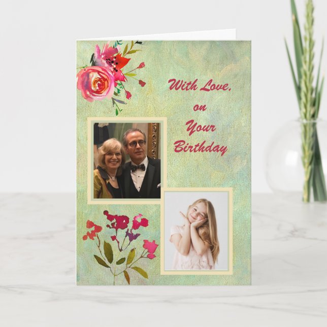 Watercolor Flowers and Photos Elegant Birthday Card (Front)