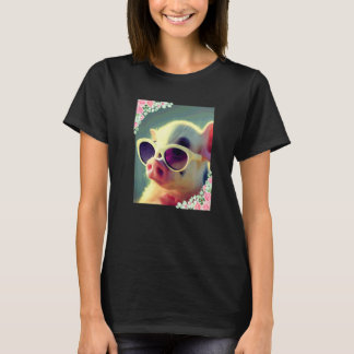 Watercolor flowers and pig wearing sunglasses Cute T-Shirt
