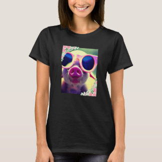 Watercolor flowers and pig wearing sunglasses Cute T-Shirt