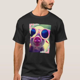 Watercolor flowers and pig wearing sunglasses Cute T-Shirt