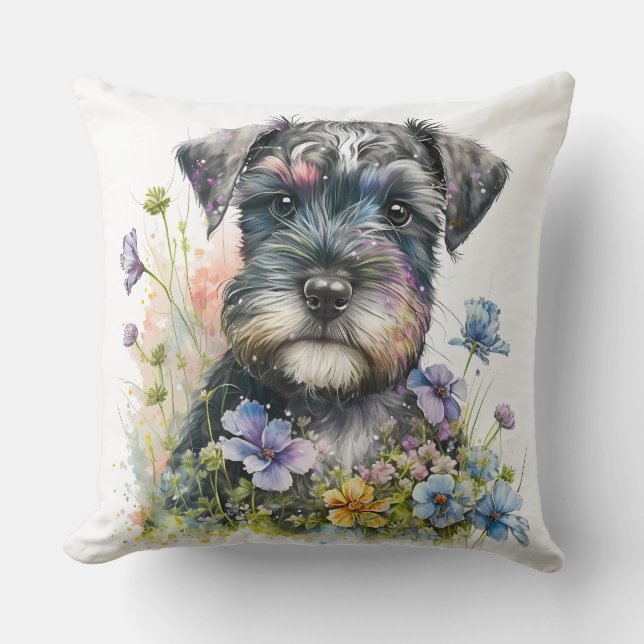 Watercolor Flowers and Schnauzer Puppy Cushion (Front)