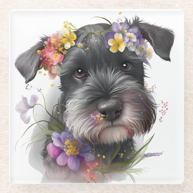 Watercolor Flowers and Schnauzer Puppy Glass Coaster (Front)