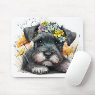 Watercolor Flowers and Schnauzer Puppy Mouse Pad
