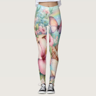 Watercolor Flowers and sea and seashells on beach  Leggings