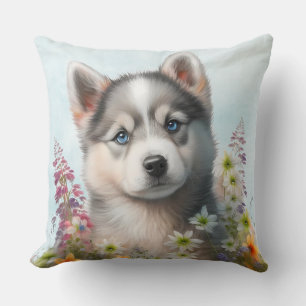 Watercolor Flowers and Siberian Husky Puppy Cushion