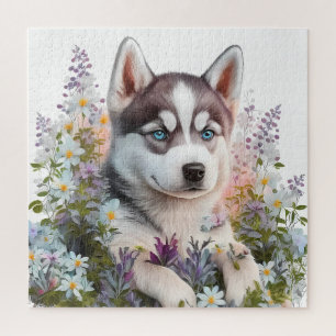 Watercolor Flowers and Siberian Husky Puppy Jigsaw Puzzle