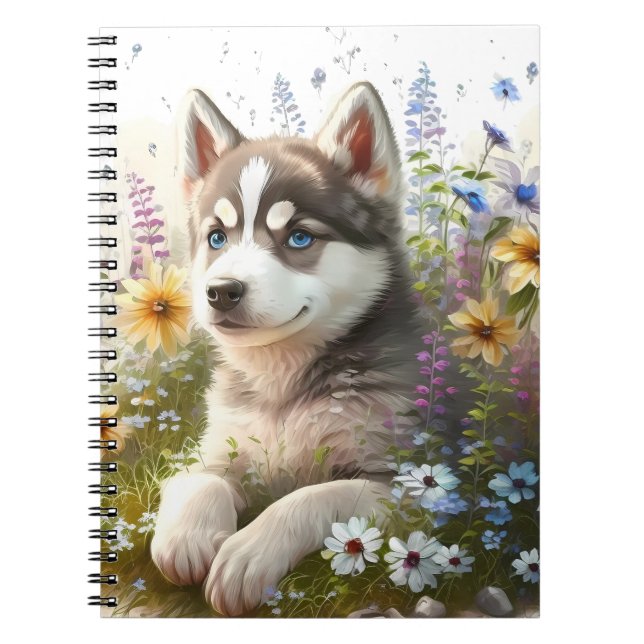 Watercolor Flowers and Siberian Husky Puppy Notebook (Front)