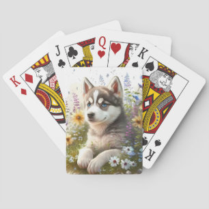 Watercolor Flowers and Siberian Husky Puppy Playing Cards
