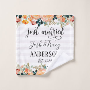 Watercolor Flowers and Striped Just Married Wash Cloth