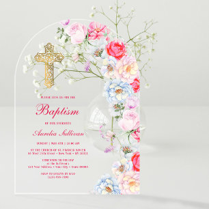 Watercolor Flowers Arch Baptism Acrylic Invitations