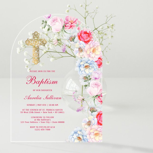 Watercolor Flowers Arch Baptism Acrylic Invitations (Creator Uploaded)