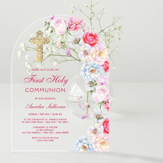Watercolor Flowers Arch First Communion Acrylic Invitations (Creator Uploaded)