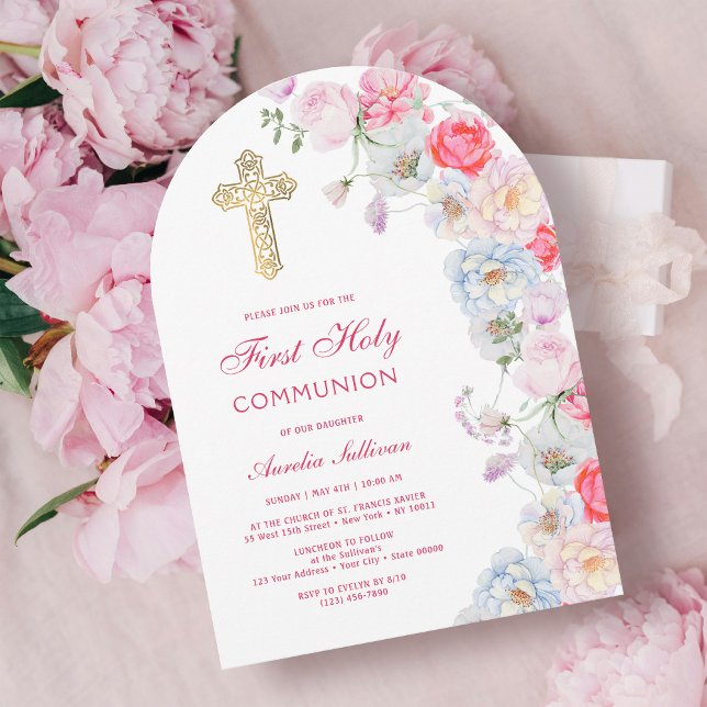 Watercolor Flowers Arch First Communion Invitation (Creator Uploaded)