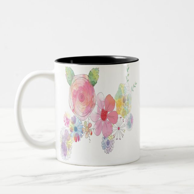 Watercolor Flowers Art Two-Tone Coffee Mug (Left)