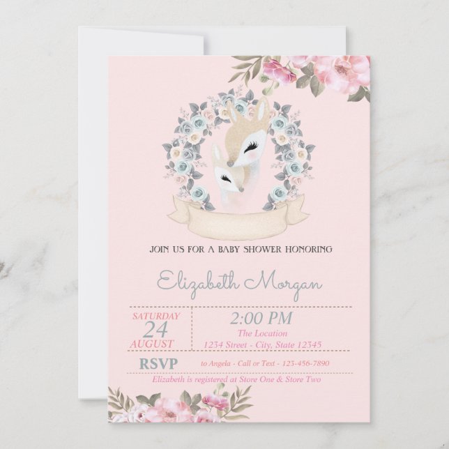 Watercolor Flowers Baby Deers Baby Shower  Invitation (Front)