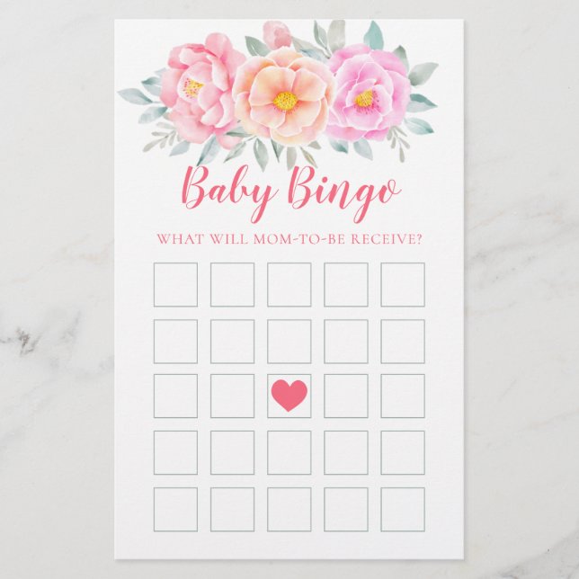Watercolor Flowers Baby Shower Game Baby Bingo (Front)