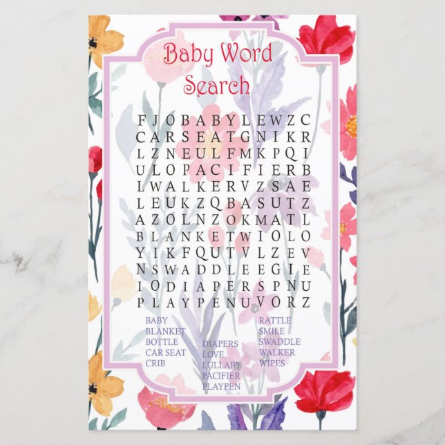Watercolor flowers Baby Shower Word Search Game (Front)