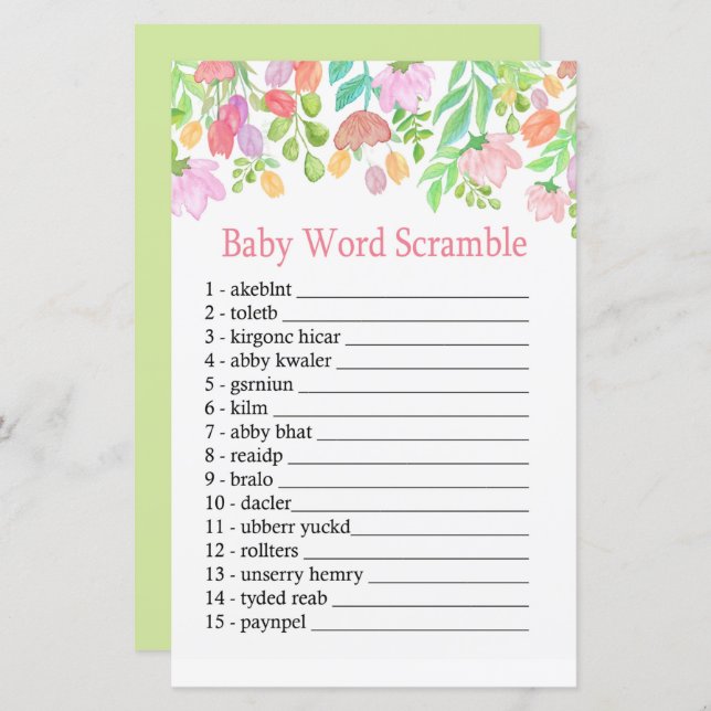 Watercolor Flowers Baby word scramble game (Front/Back)
