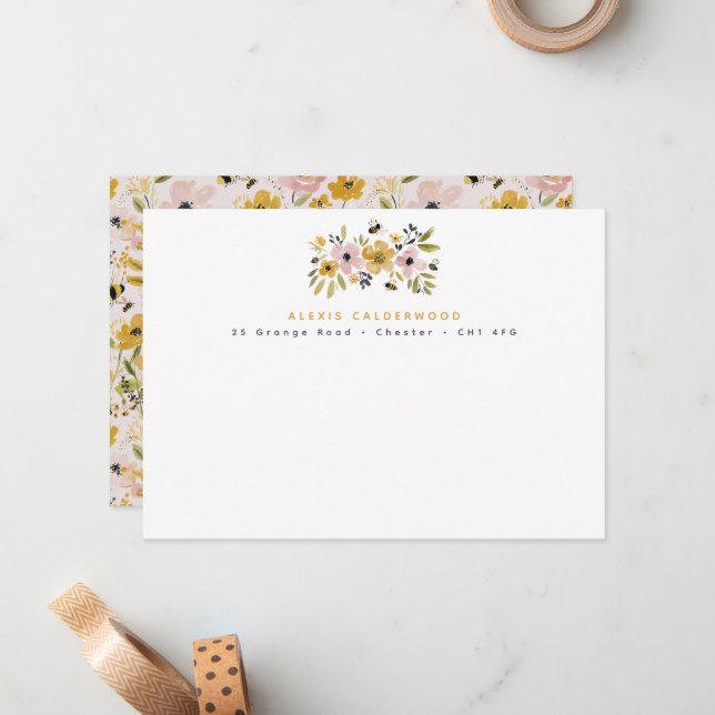 Watercolor Flowers & Bees Personalised Card (Front/Back In Situ)