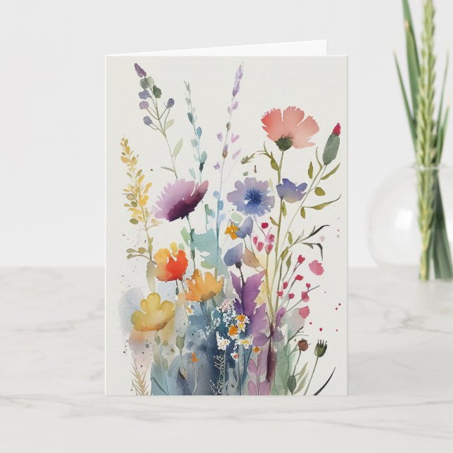 Watercolor Flowers Birthday Holiday Card (Front)
