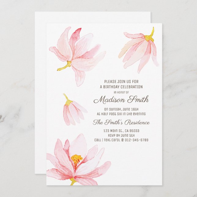 Watercolor Flowers Birthday Party Invitation (Front/Back)