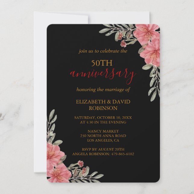 watercolor flowers black 50th anniversary wedding invitation (Front)