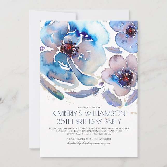 Watercolor Flowers Blue Boho Birthday Party Invitation (Front)