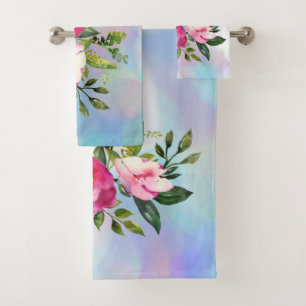 Watercolor Flowers Blue Pink Towel Set