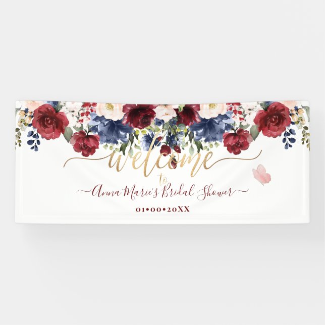 Watercolor flowers Blush Burgundy Navy Welcome Banner (Horizontal)