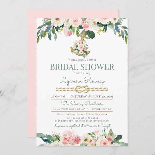Watercolor Flowers Blush Nautical Bridal Shower Invitation (Front/Back)