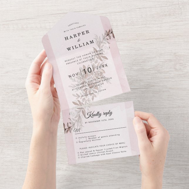 Watercolor flowers blush pink wedding all in one invitation (Tearaway)