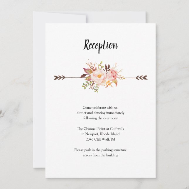 Watercolor Flowers Bohemian Wedding Reception Card (Front)