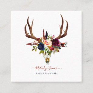 WATERCOLOR FLOWERS, BOHO SKULL+ARROW SQUARE BUSINESS CARD