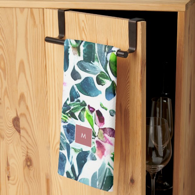 Watercolor flowers botanical monogrammed tea towel (Thirds Fold)