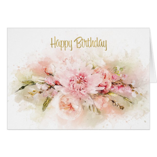 Watercolor Flowers Bouquet Birthday Card (Front Horizontal)