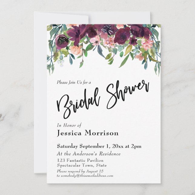 Watercolor Flowers Bridal Shower Typography Invitation (Front)